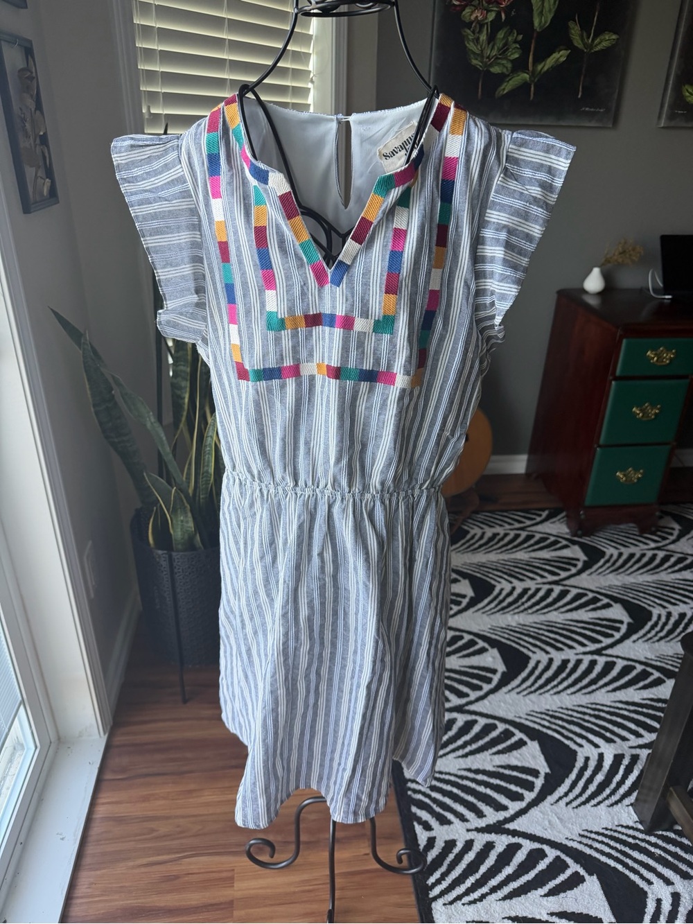 Savana Jane Striped Cotton Embroidered V-Neck Sundress with Multicolor Trim